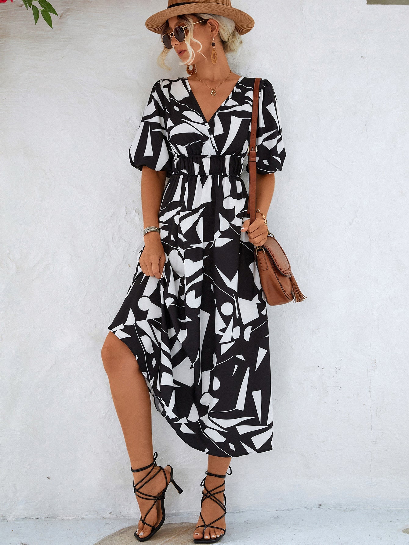 Printed Surplice Balloon Sleeve Dress - Dress - Black - Bella Bourget