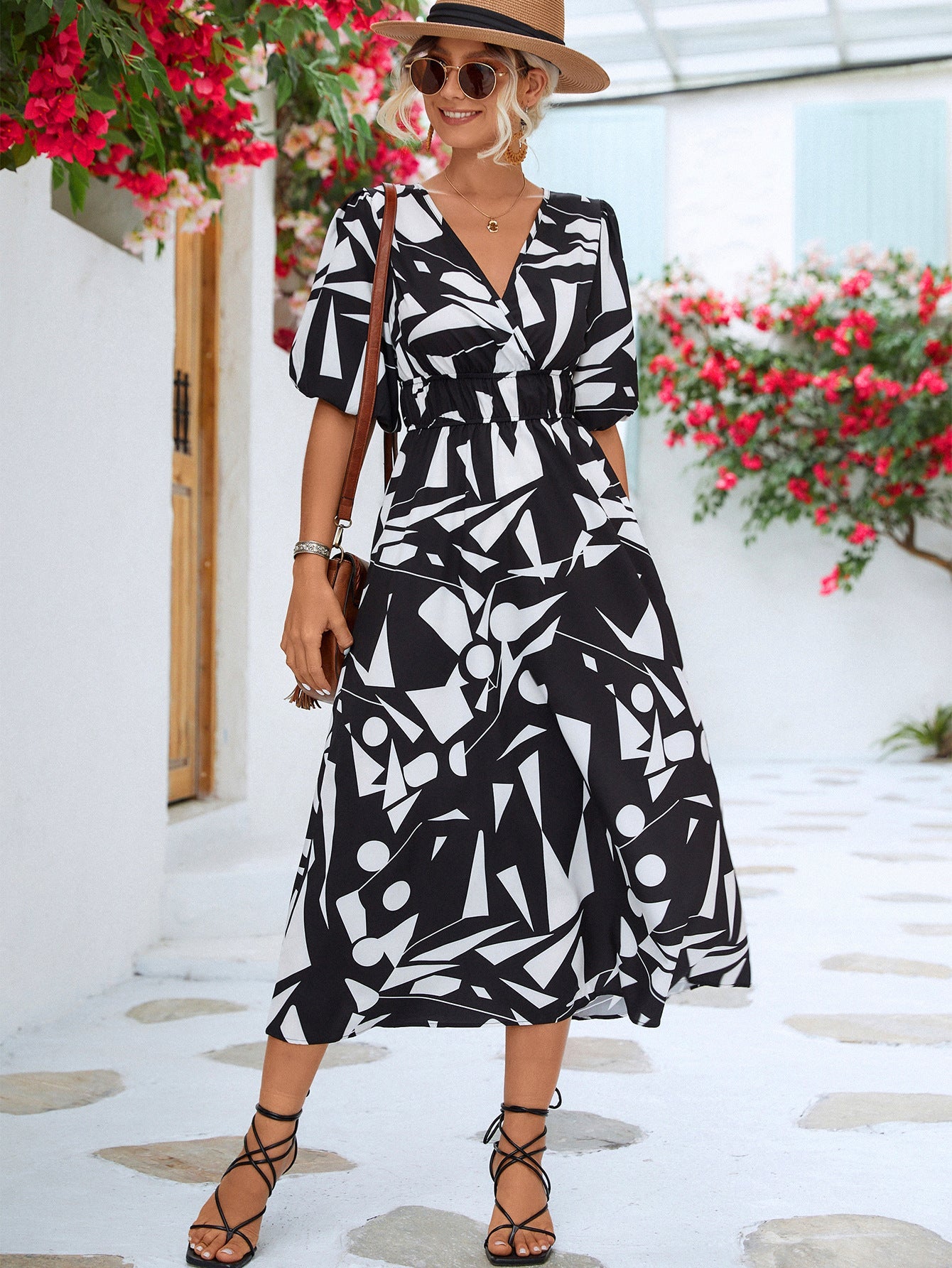 Printed Surplice Balloon Sleeve Dress - Dress - Black - Bella Bourget