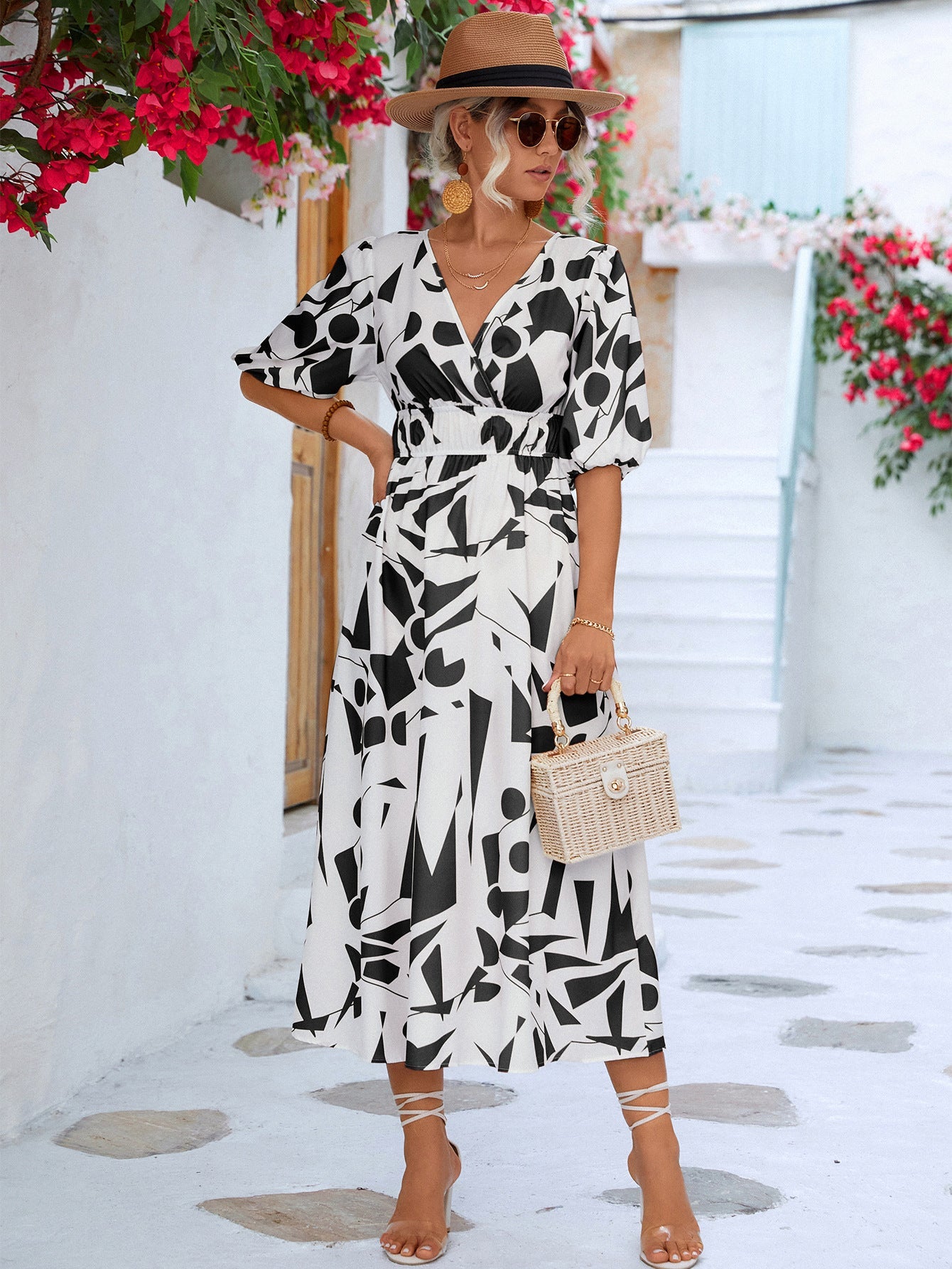 Printed Surplice Balloon Sleeve Dress - Dress - White/Black - Bella Bourget