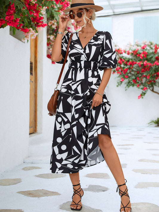 Printed Surplice Balloon Sleeve Dress - Dress - Black - Bella Bourget