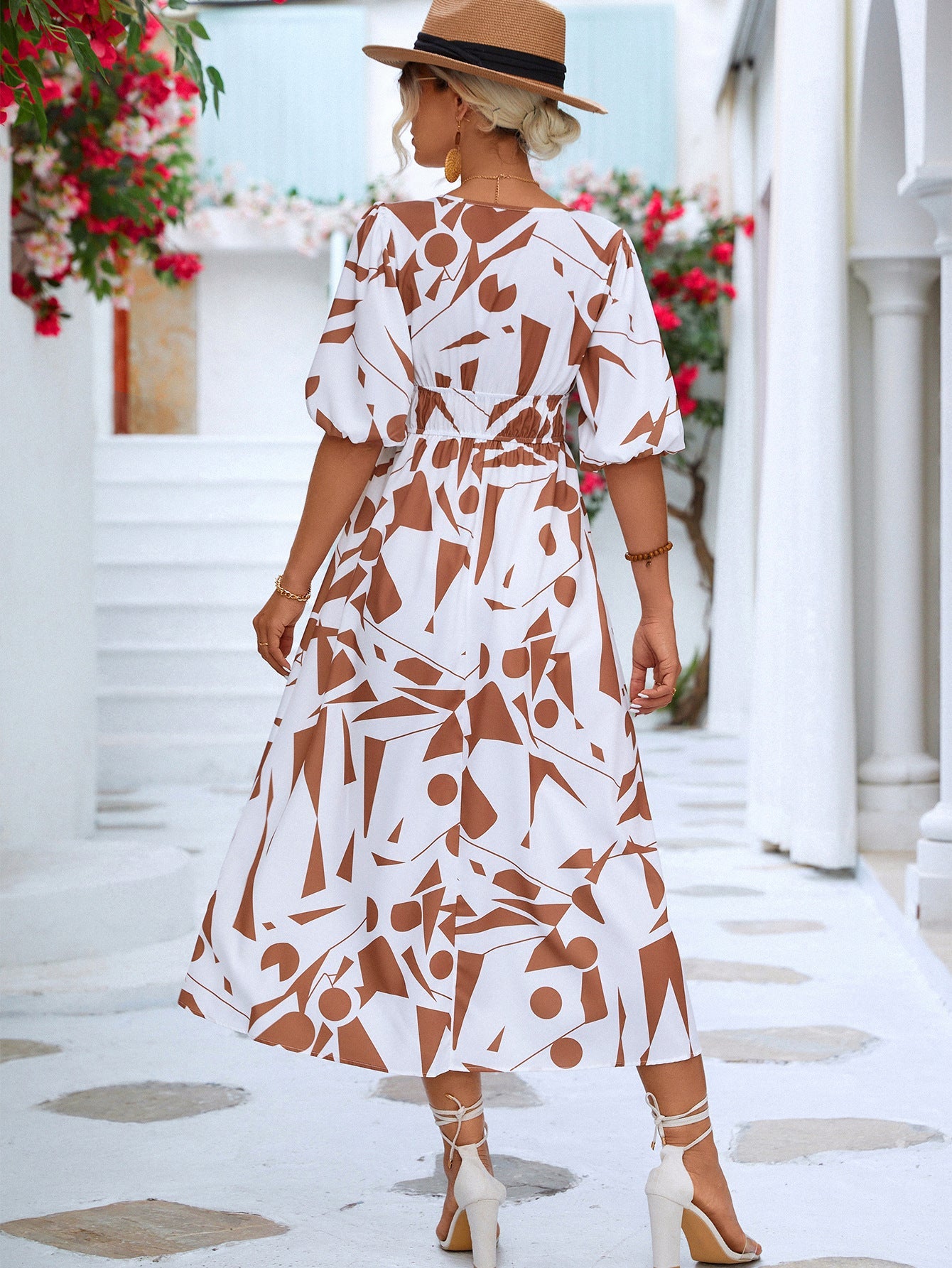 Printed Surplice Balloon Sleeve Dress - Dress - Brown/White - Bella Bourget