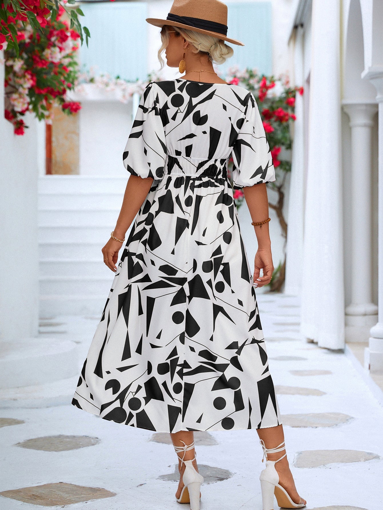 Printed Surplice Balloon Sleeve Dress - Dress - White/Black - Bella Bourget