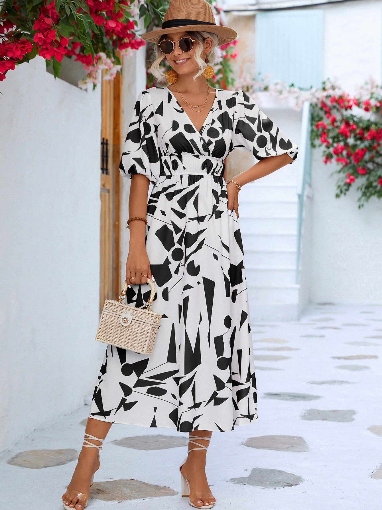 Printed Surplice Balloon Sleeve Dress - Dress - White/Black - Bella Bourget