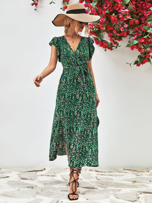 Printed Surplice Neck Flutter Sleeve Slit Dress - Dress - Mid Green - Bella Bourget