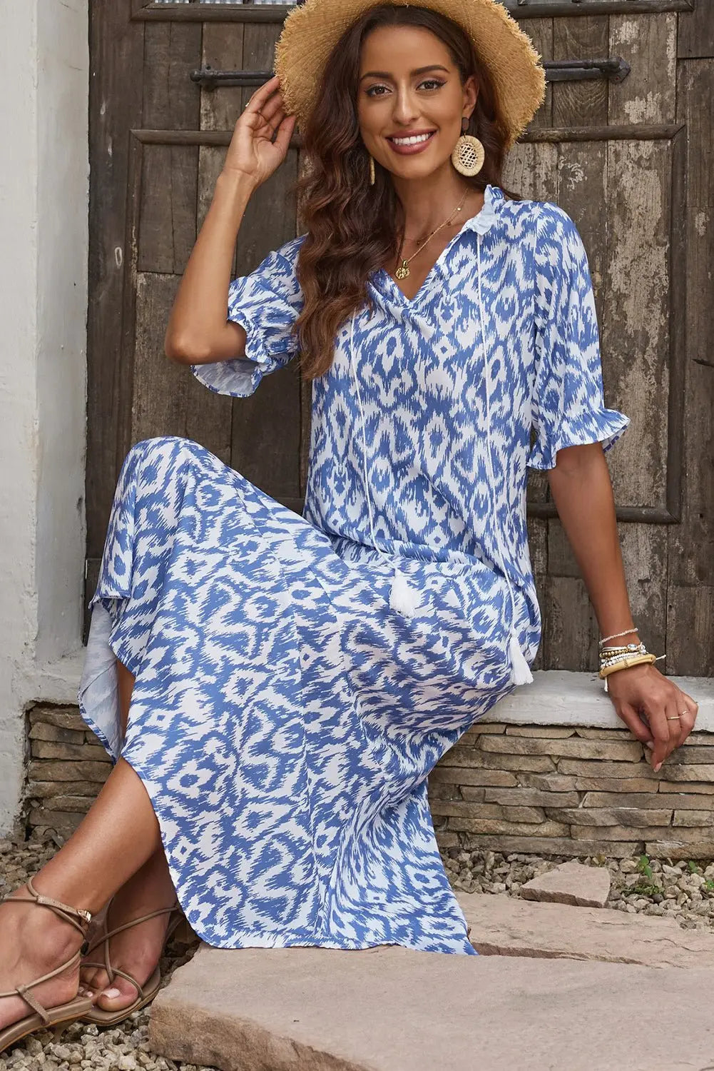 Printed Tassel Tie Flounce Sleeve Dress - Dress - Sky Blue - Bella Bourget