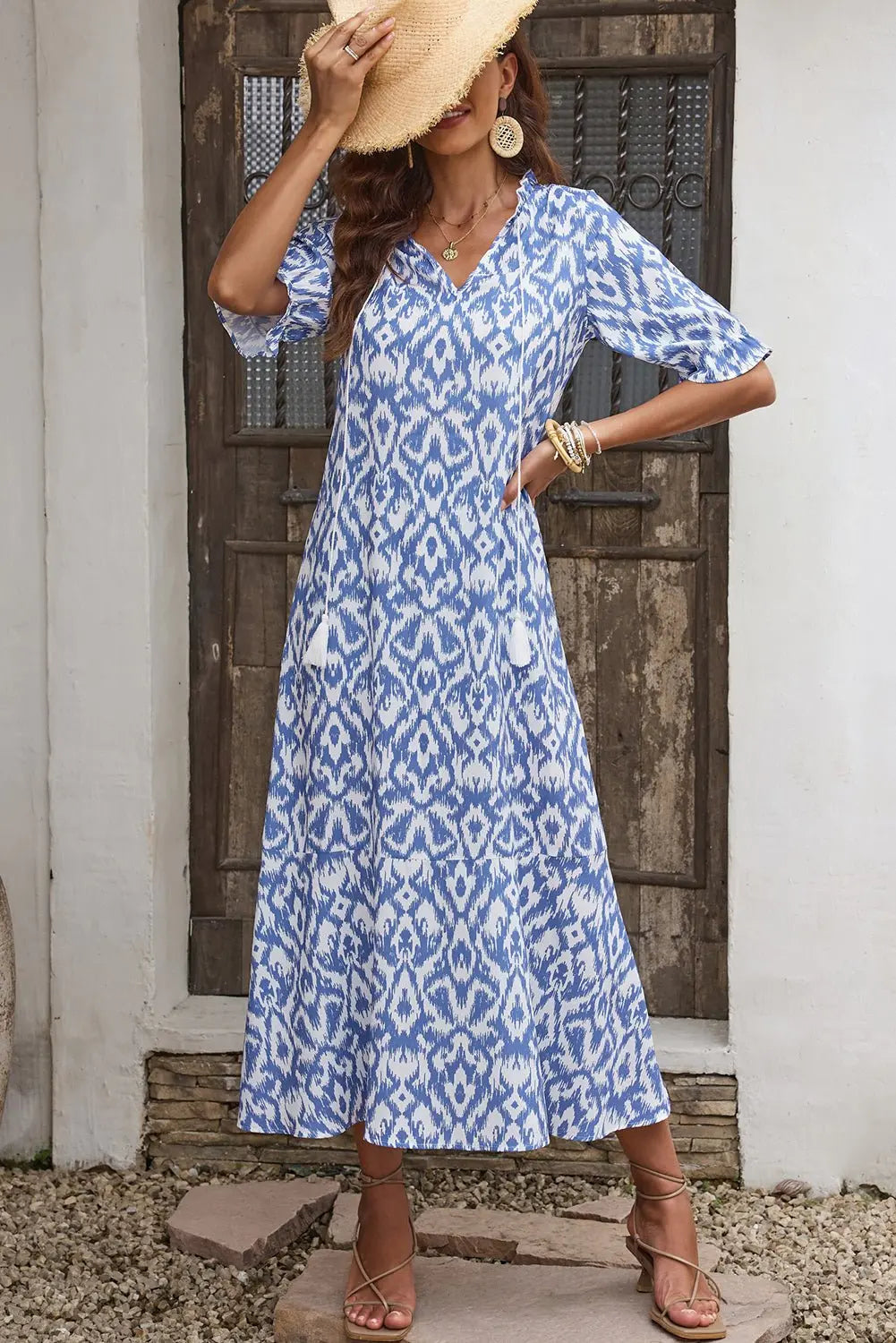 Printed Tassel Tie Flounce Sleeve Dress - Dress - Sky Blue - Bella Bourget