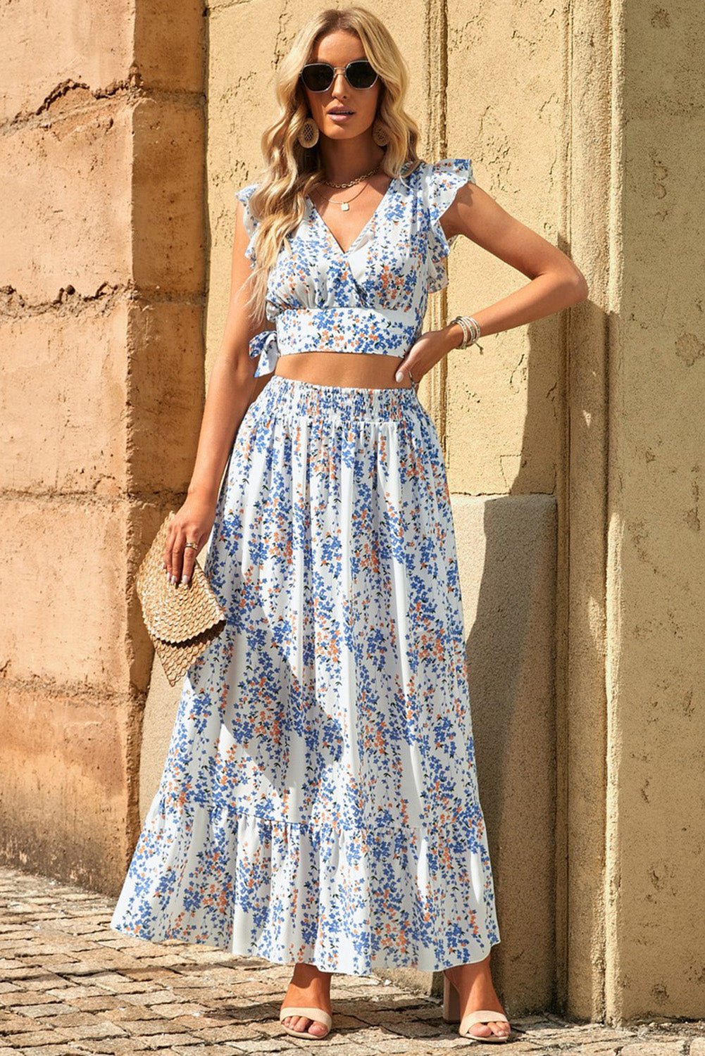 Printed Tie Back Cropped Top and Maxi Skirt Set - Two - Piece Set - White - Bella Bourget