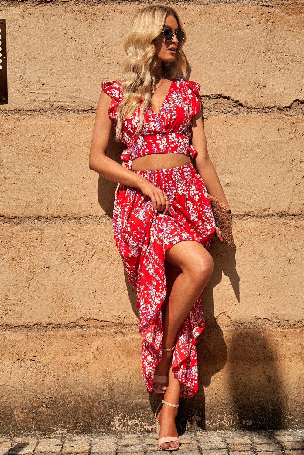 Printed Tie Back Cropped Top and Maxi Skirt Set - Two - Piece Set - Red - Bella Bourget