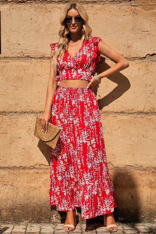 Printed Tie Back Cropped Top and Maxi Skirt Set - Two - Piece Set - Red - Bella Bourget