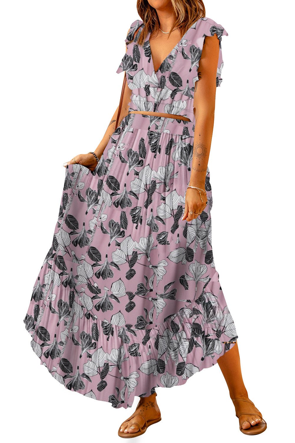 Printed Tie Back Cropped Top and Maxi Skirt Set - Two - Piece Set - Blush Pink - Bella Bourget