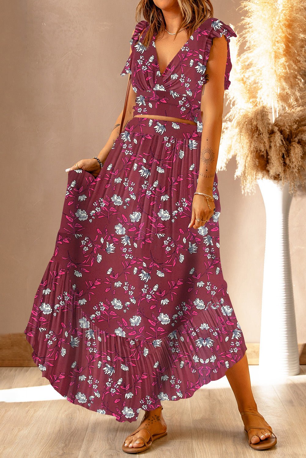 Printed Tie Back Cropped Top and Maxi Skirt Set - Two - Piece Set - Wine - Bella Bourget