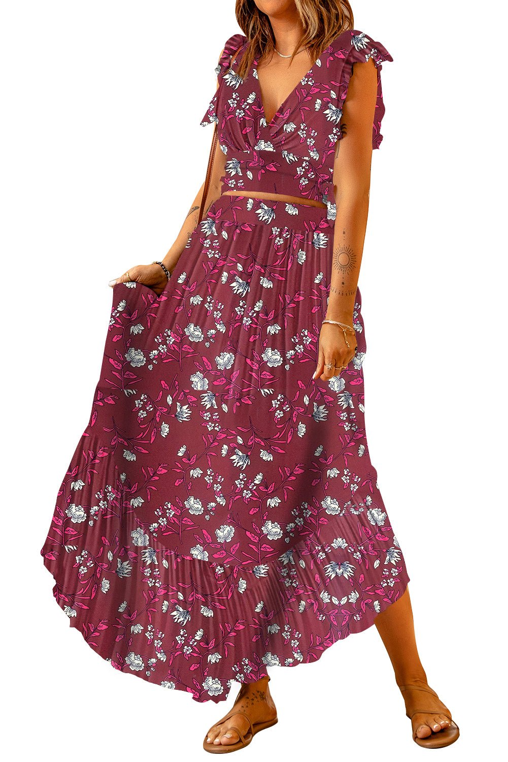 Printed Tie Back Cropped Top and Maxi Skirt Set - Two - Piece Set - Wine - Bella Bourget