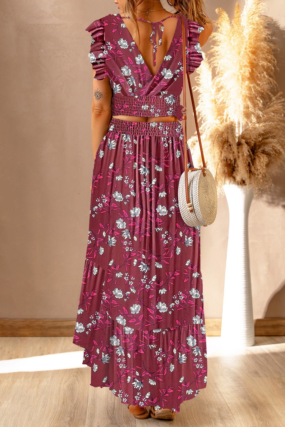 Printed Tie Back Cropped Top and Maxi Skirt Set - Two - Piece Set - Wine - Bella Bourget