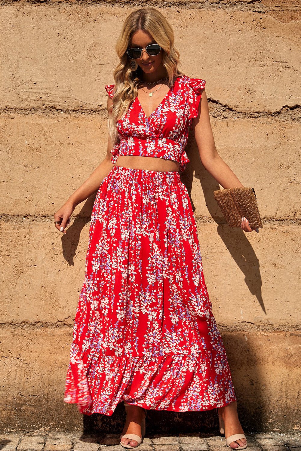 Printed Tie Back Cropped Top and Maxi Skirt Set - Two - Piece Set - Red - Bella Bourget