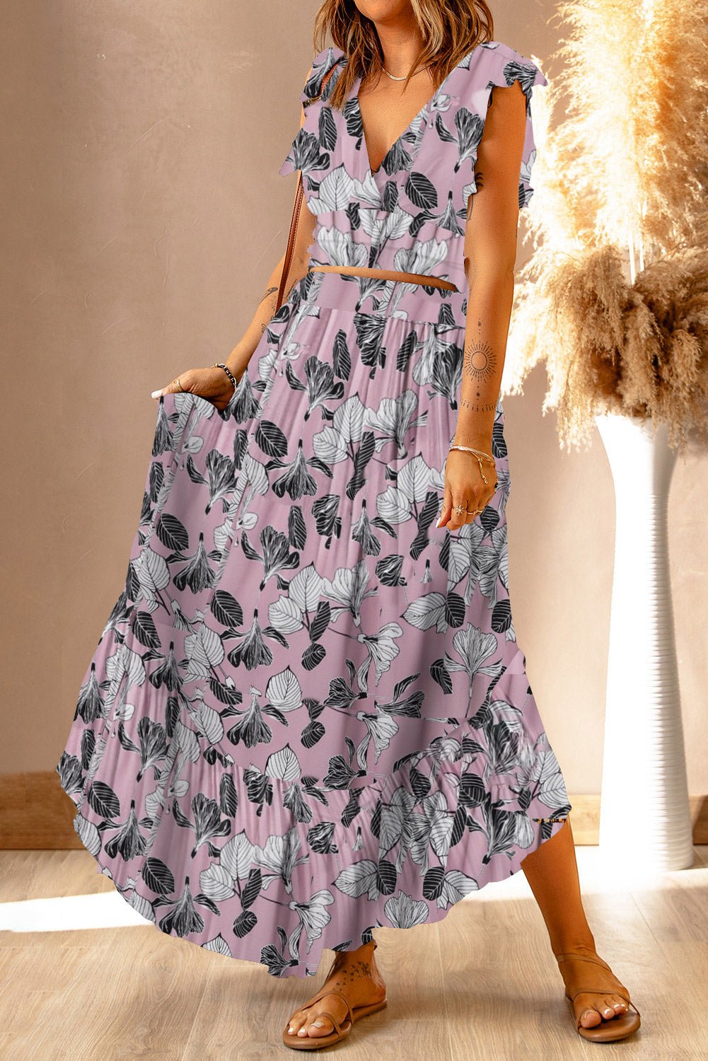 Printed Tie Back Cropped Top and Maxi Skirt Set - Two - Piece Set - Blush Pink - Bella Bourget