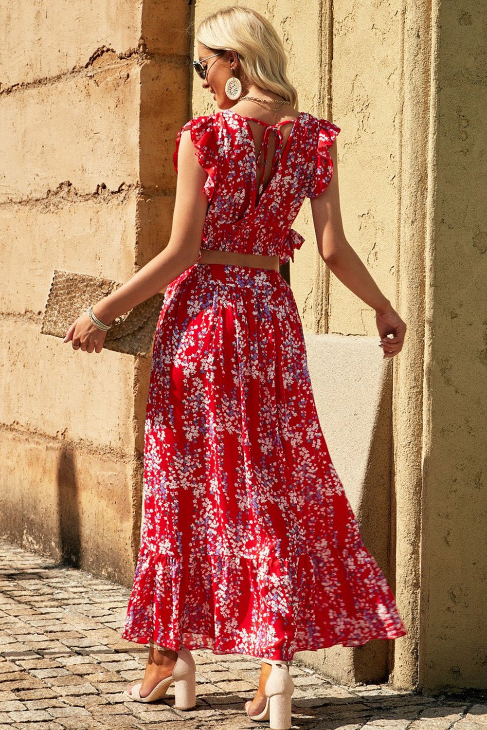 Printed Tie Back Cropped Top and Maxi Skirt Set - Two - Piece Set - Red - Bella Bourget