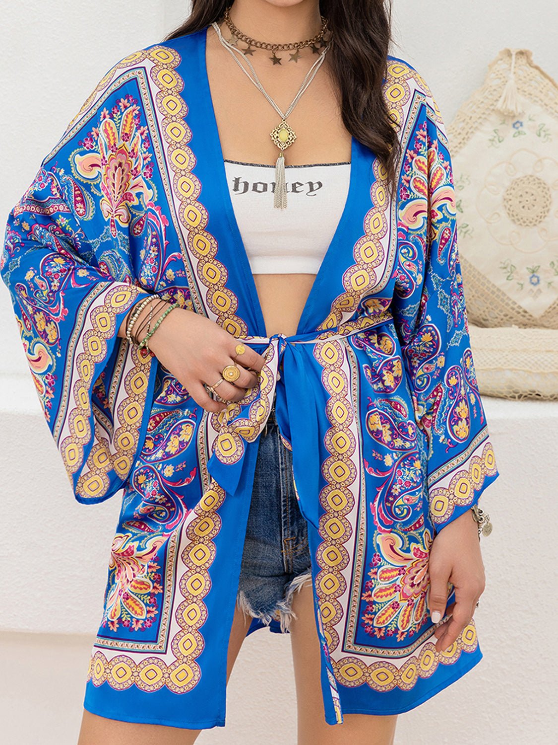 Printed Tie Belt Long Sleeve Cardigan - Kimono - Royal Blue - Bella Bourget