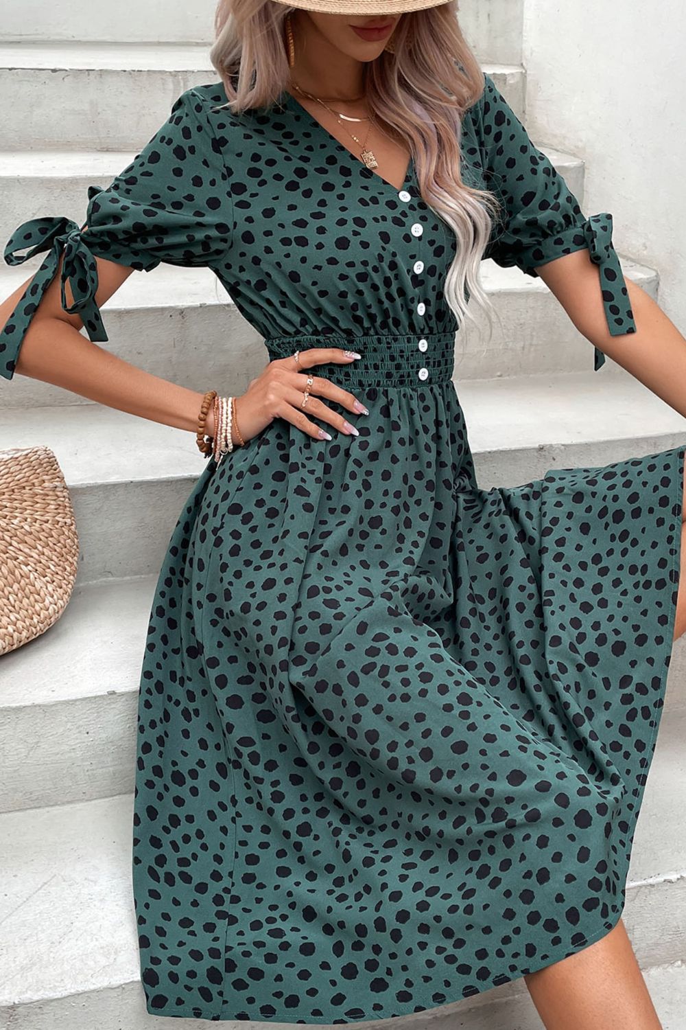 Printed Tie Cuff Smocked Waist Dress - Dress - Deep Teal - Bella Bourget