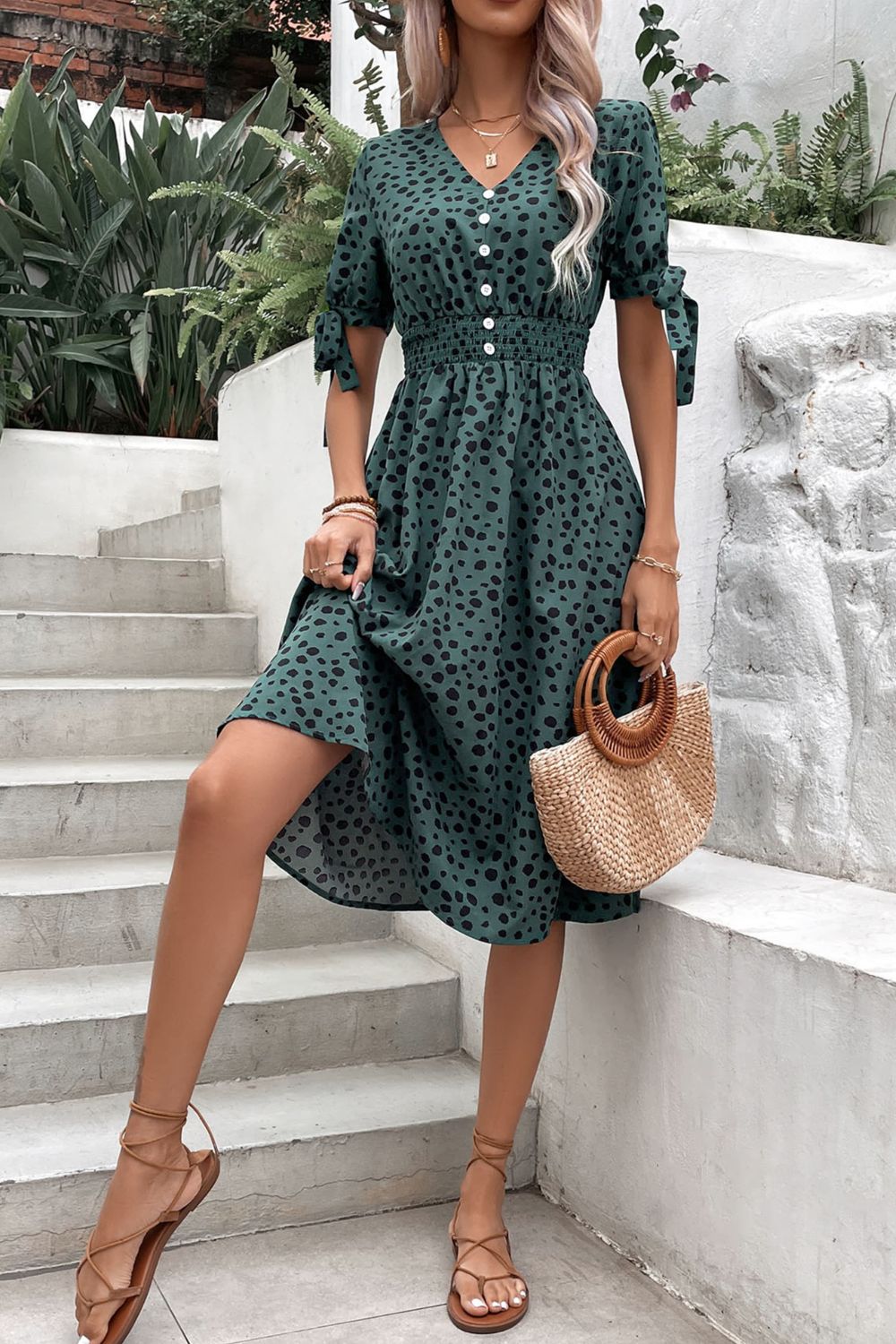 Printed Tie Cuff Smocked Waist Dress - Dress - Deep Teal - Bella Bourget