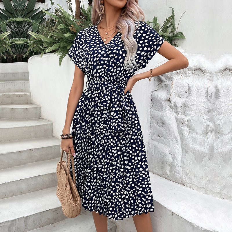 Printed Tie Waist A - Line Dress - Dress - Dark Navy - Bella Bourget