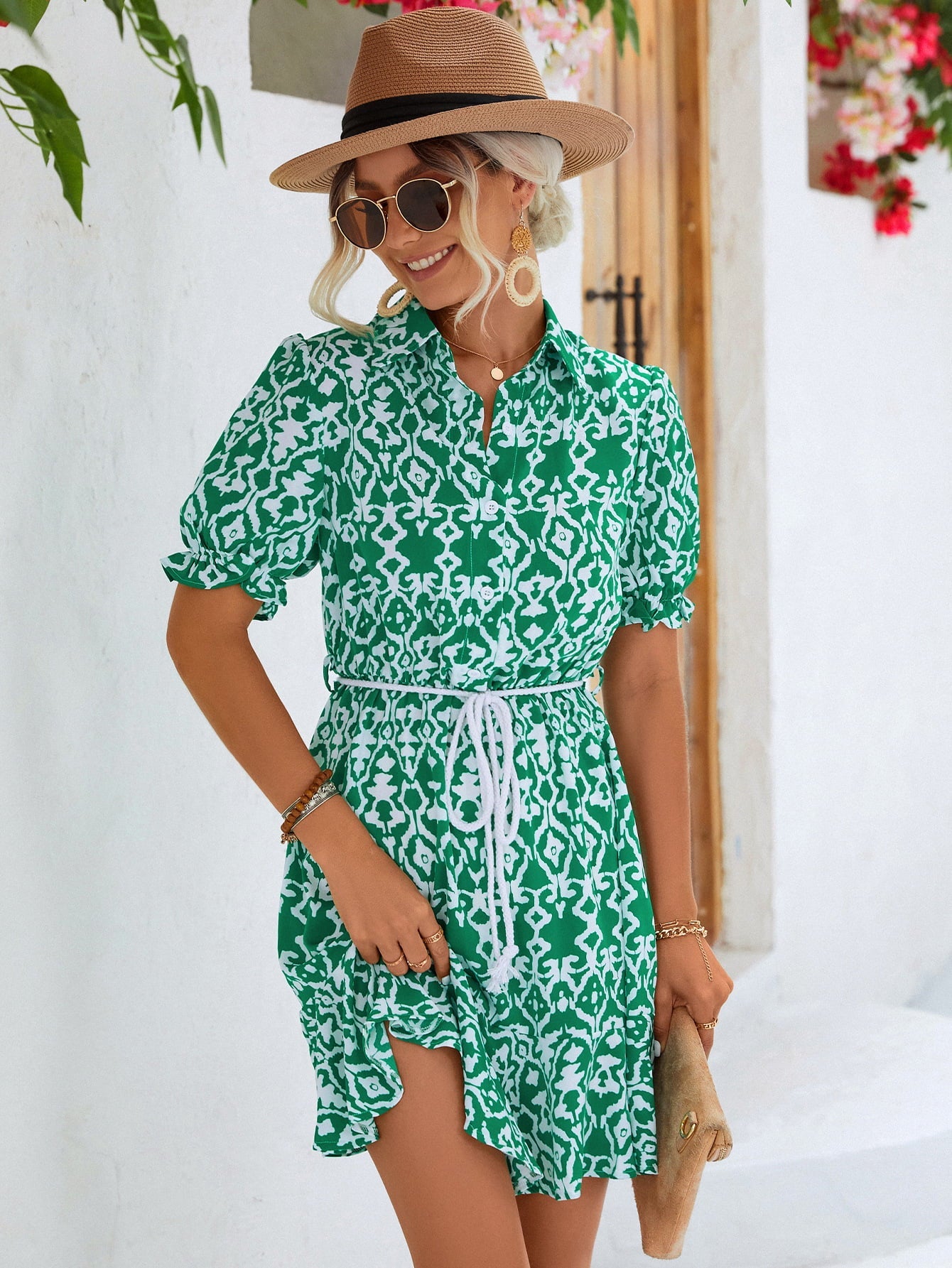 Printed Tie Waist Collared Flounce Sleeve Dress - Dress - Green - Bella Bourget