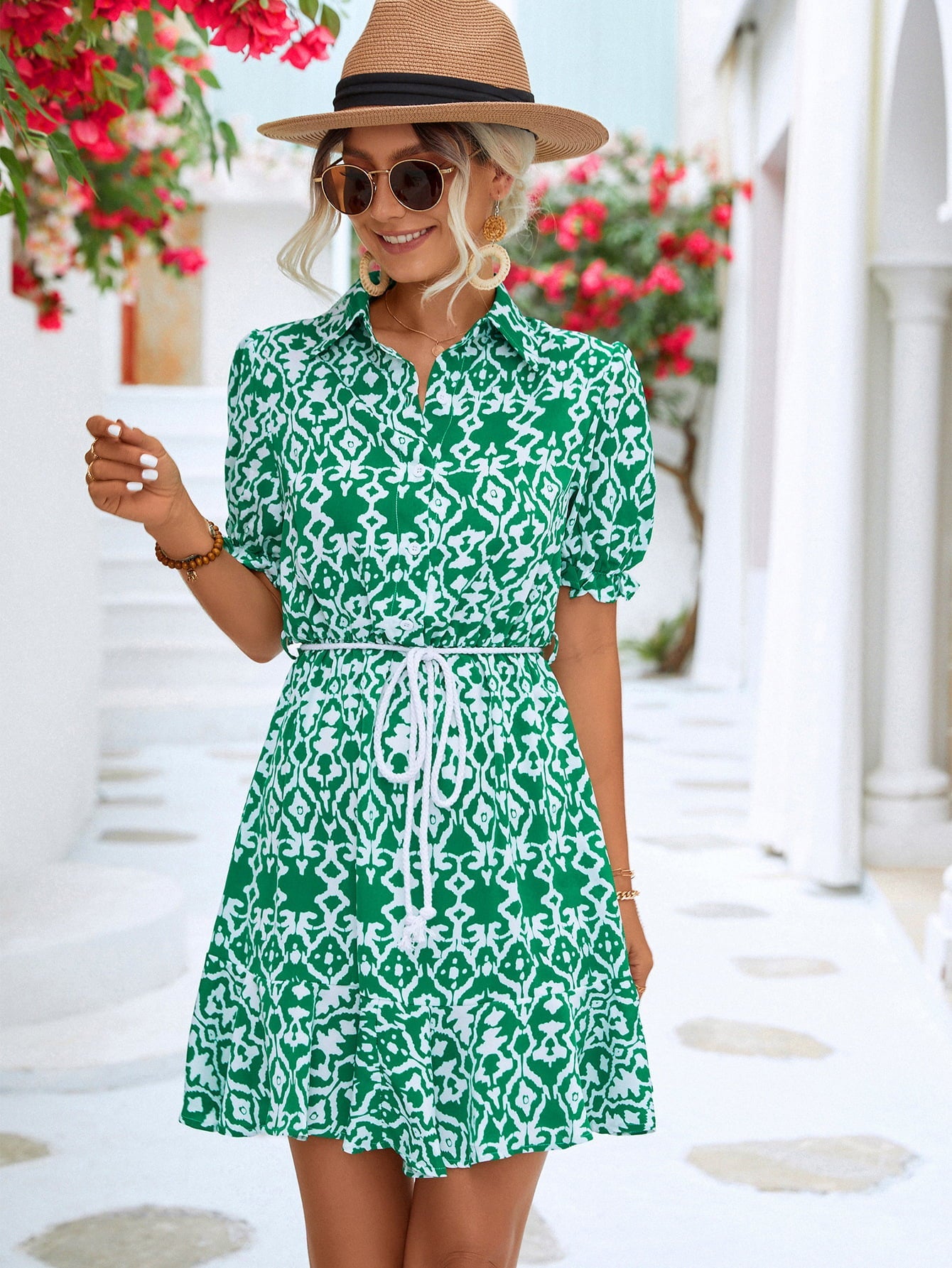 Printed Tie Waist Collared Flounce Sleeve Dress - Dress - Green - Bella Bourget