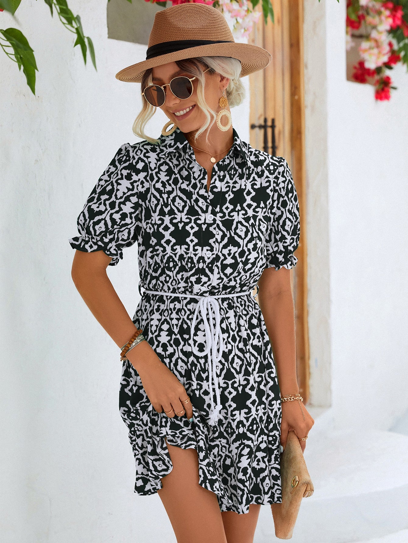 Printed Tie Waist Collared Flounce Sleeve Dress - Dress - Black - Bella Bourget