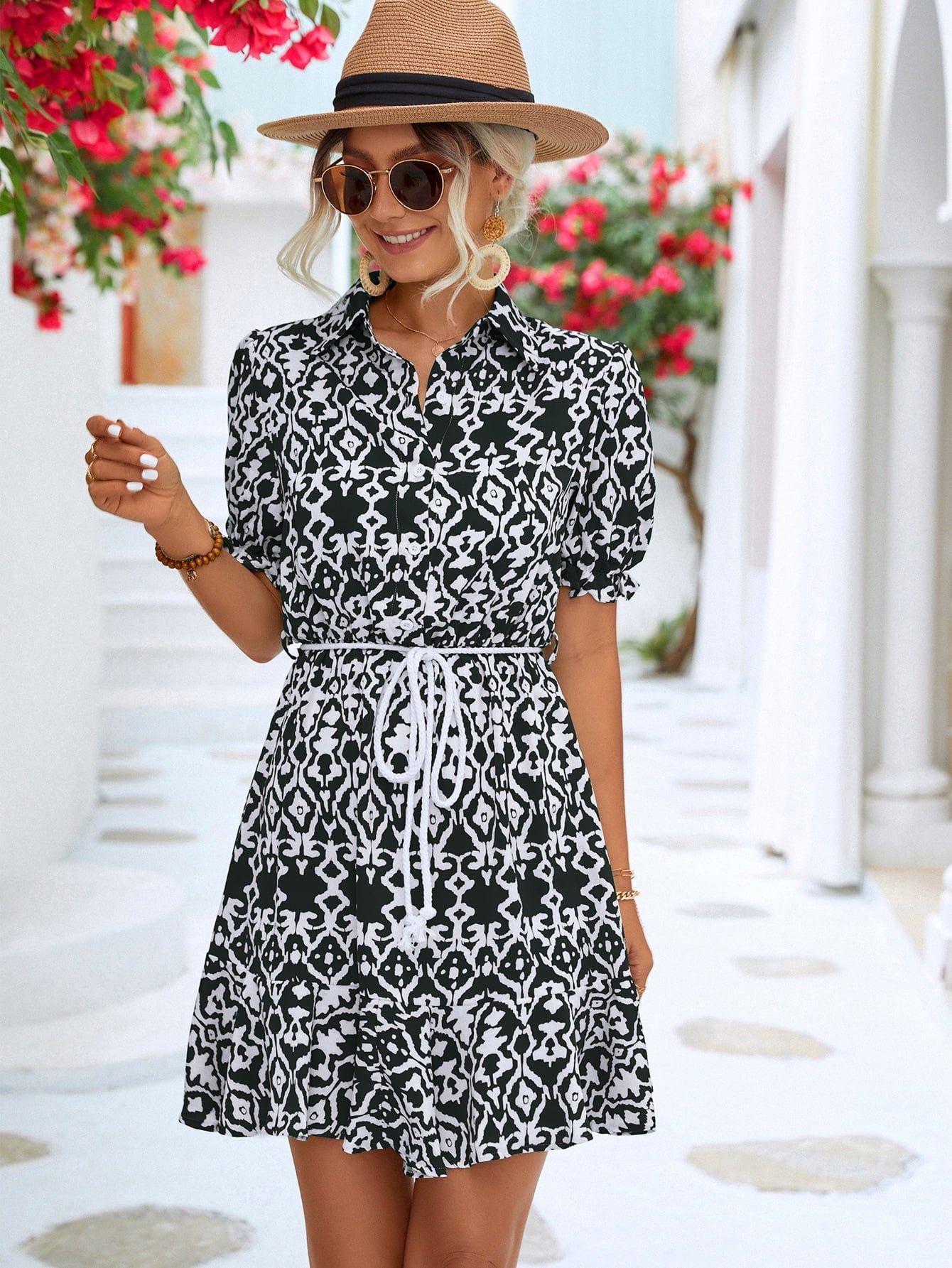 Printed Tie Waist Collared Flounce Sleeve Dress - Dress - Black - Bella Bourget