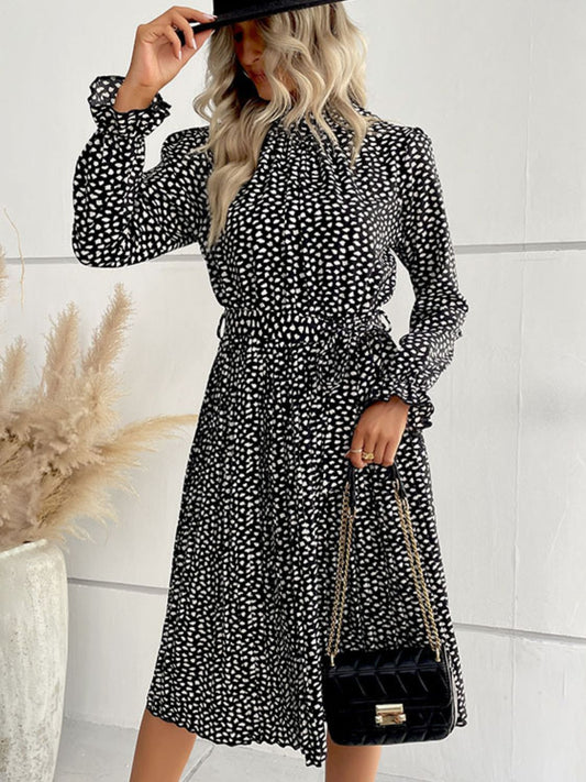 Printed Tie - Waist Flounce Sleeve Keyhole Midi Dress - Dress - Black - Bella Bourget