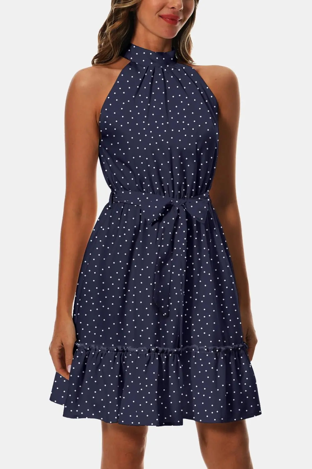 Printed Tie Waist Frill Trim Dress - Dress - Dark Navy - Bella Bourget