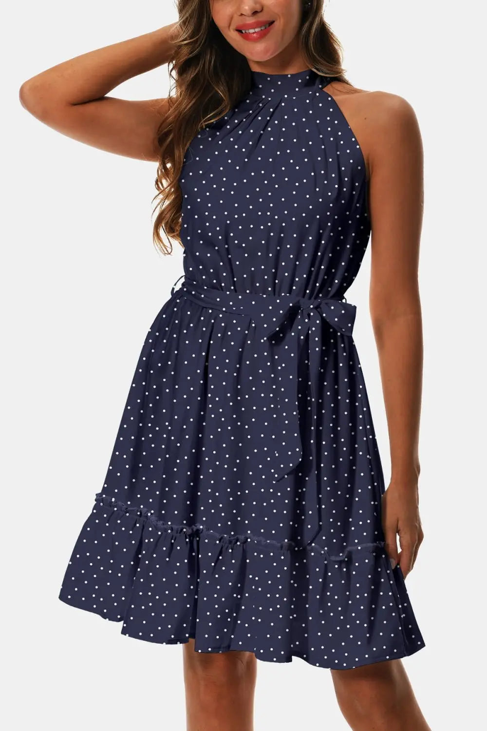 Printed Tie Waist Frill Trim Dress - Dress - Dark Navy - Bella Bourget