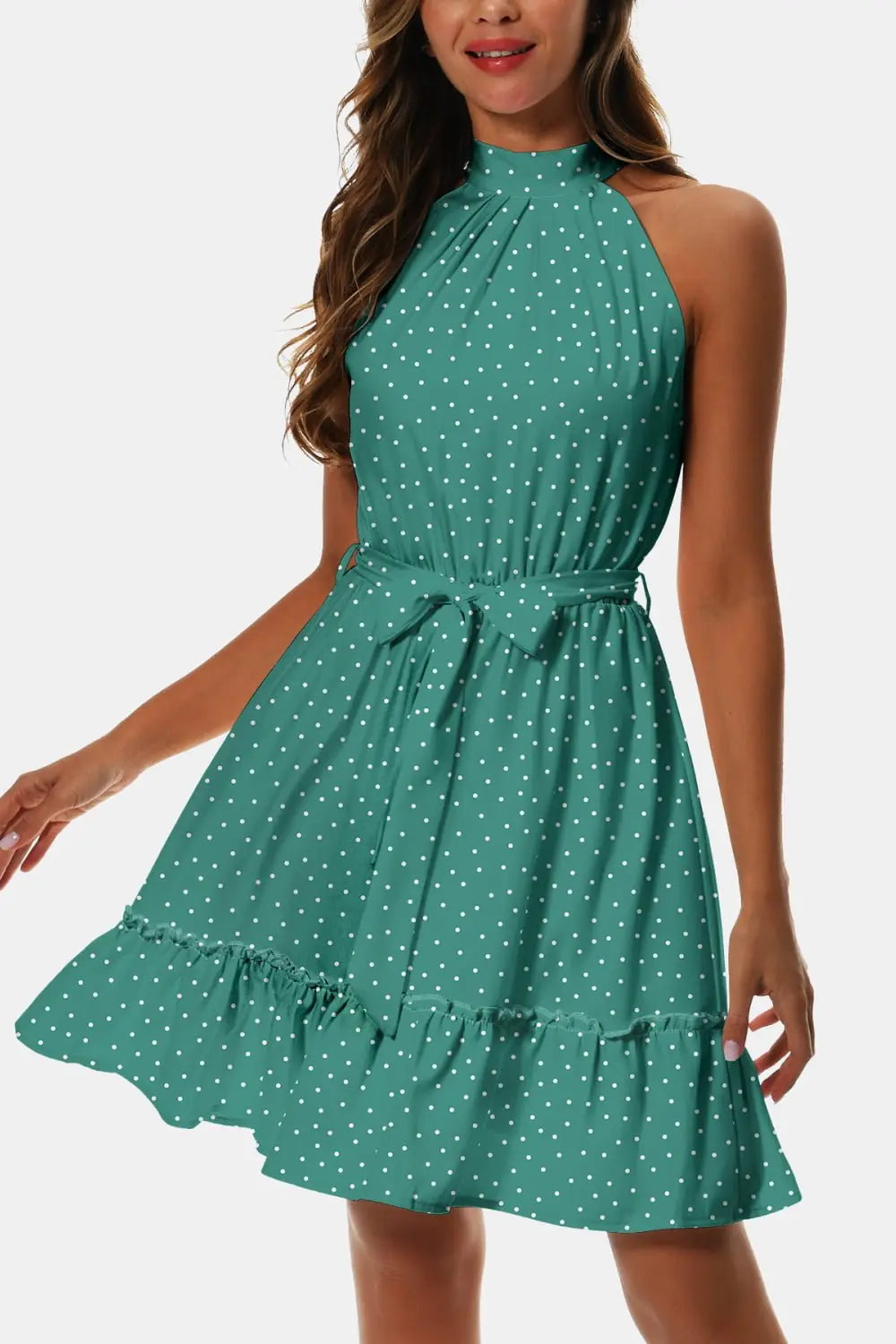 Printed Tie Waist Frill Trim Dress - Dress - Teal - Bella Bourget