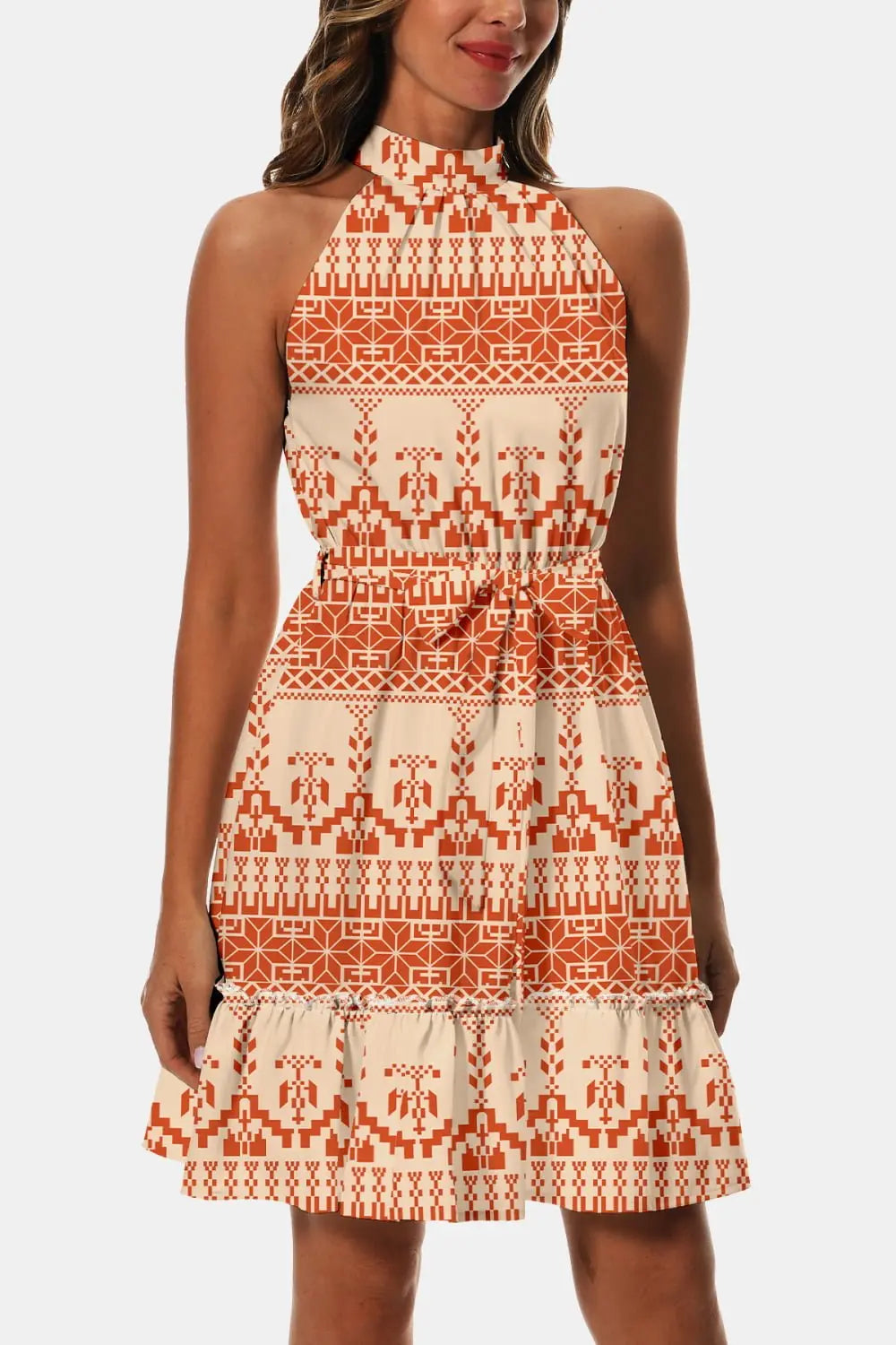 Printed Tie Waist Frill Trim Dress - Dress - Tangerine - Bella Bourget