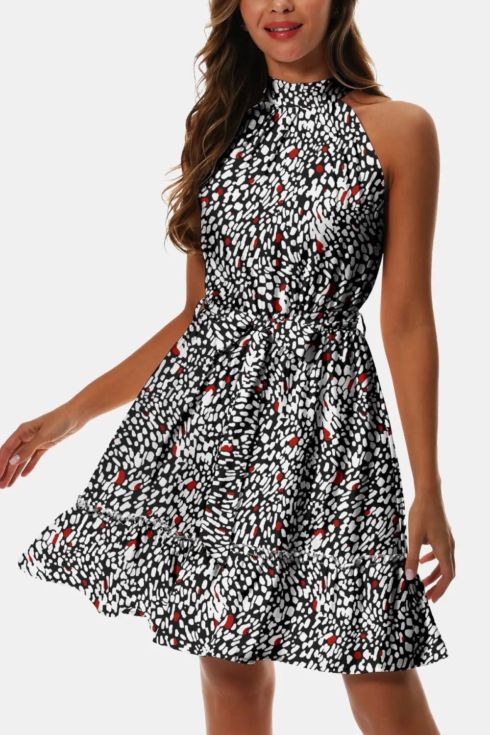 Printed Tie Waist Frill Trim Dress - Dress - Multicolor - Bella Bourget