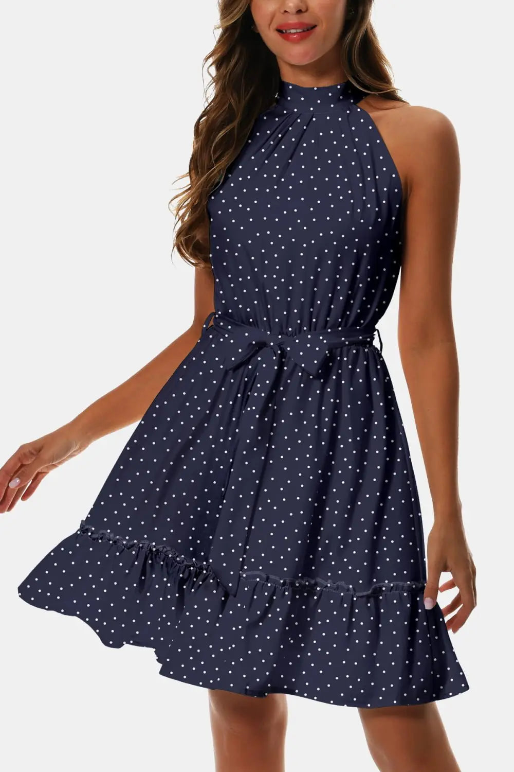 Printed Tie Waist Frill Trim Dress - Dress - Dark Navy - Bella Bourget