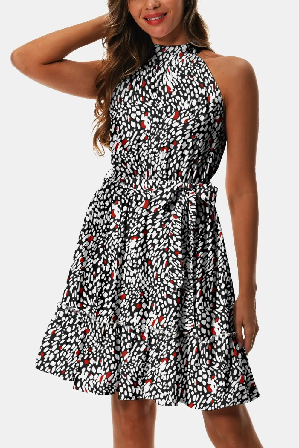 Printed Tie Waist Frill Trim Dress - Dress - Multicolor - Bella Bourget