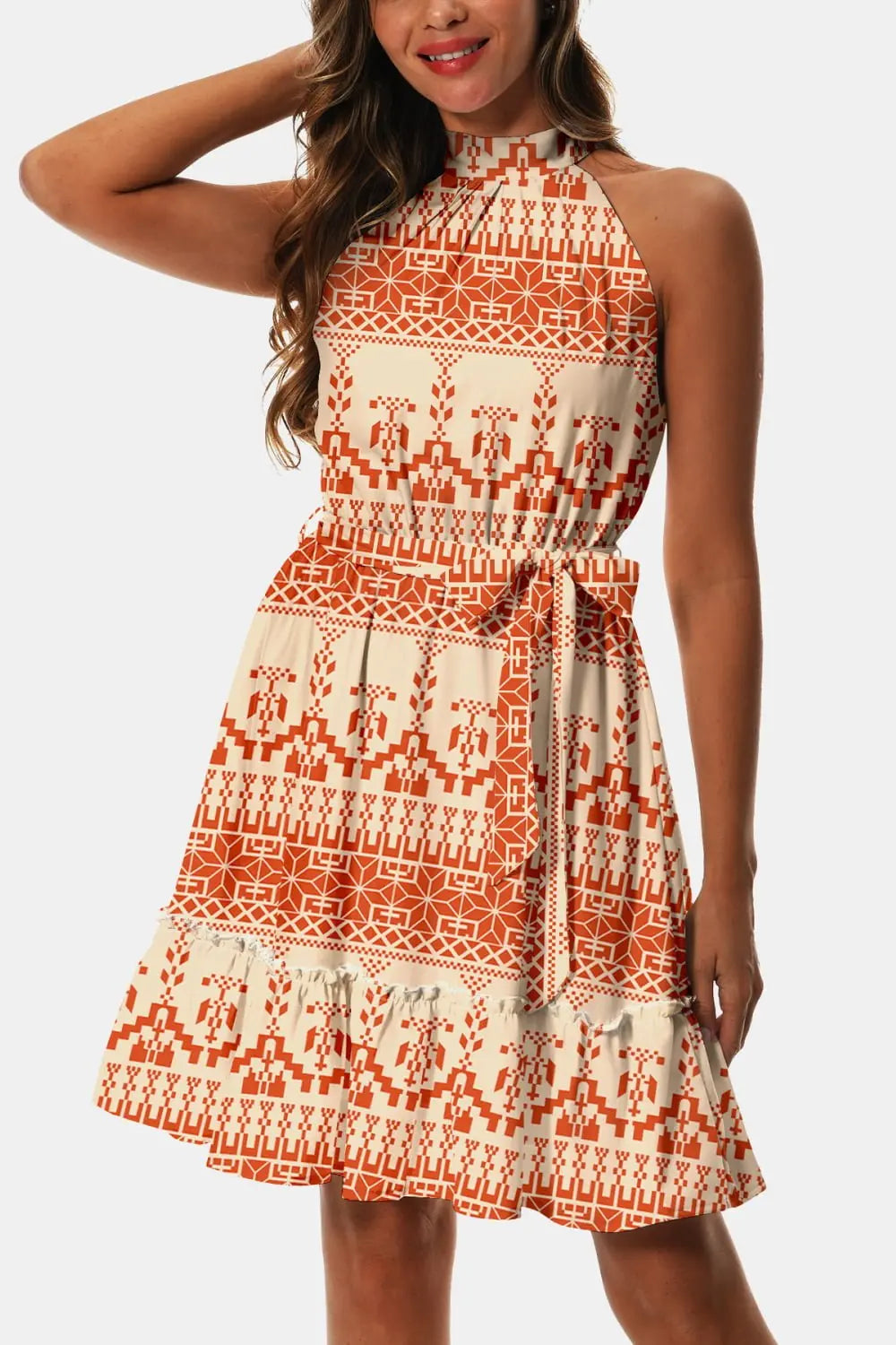 Printed Tie Waist Frill Trim Dress - Dress - Tangerine - Bella Bourget