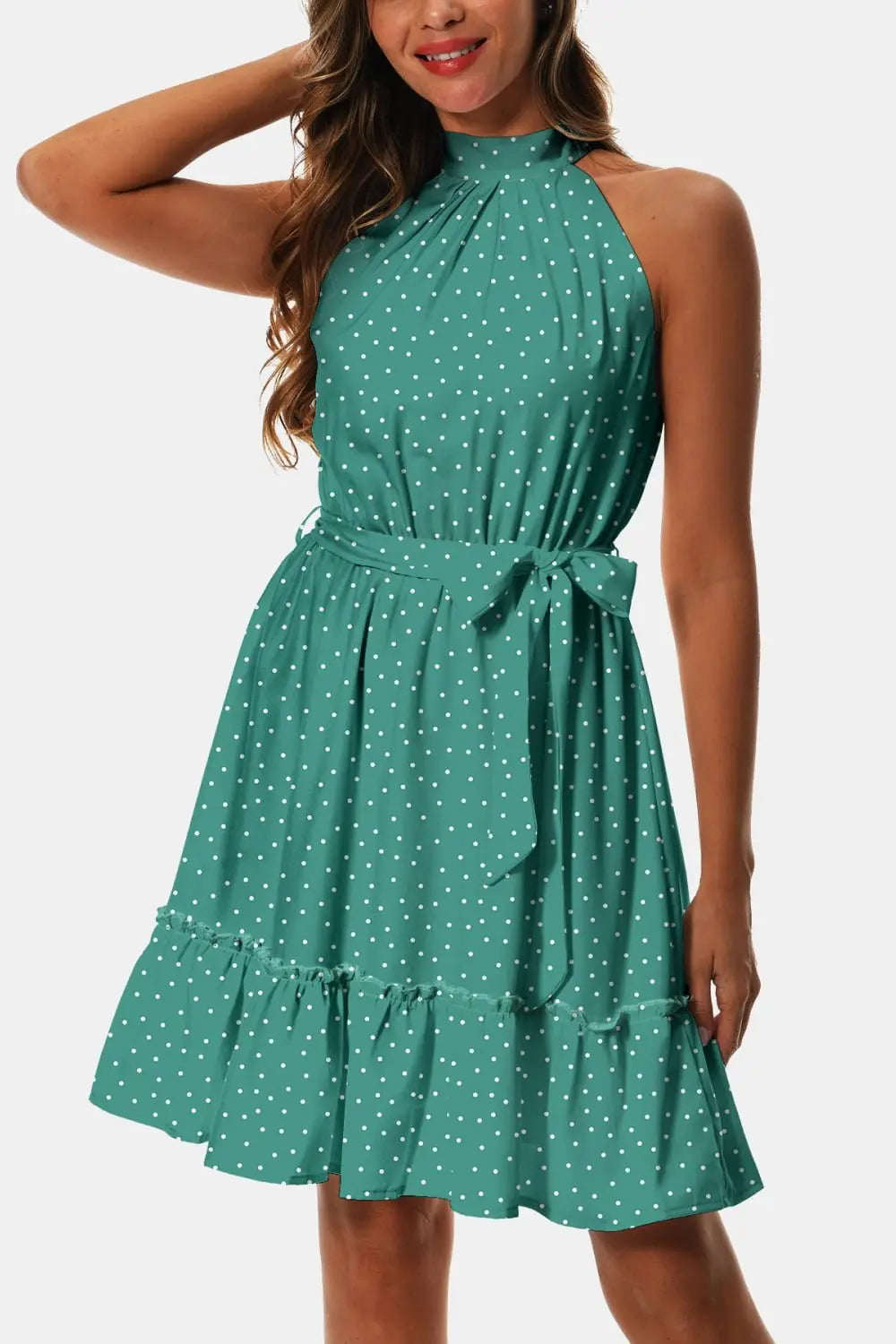 Printed Tie Waist Frill Trim Dress - Dress - Teal - Bella Bourget