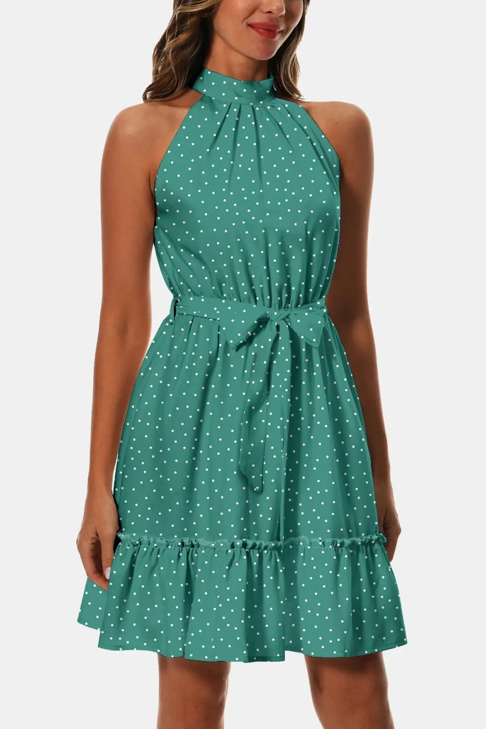 Printed Tie Waist Frill Trim Dress - Dress - Teal - Bella Bourget