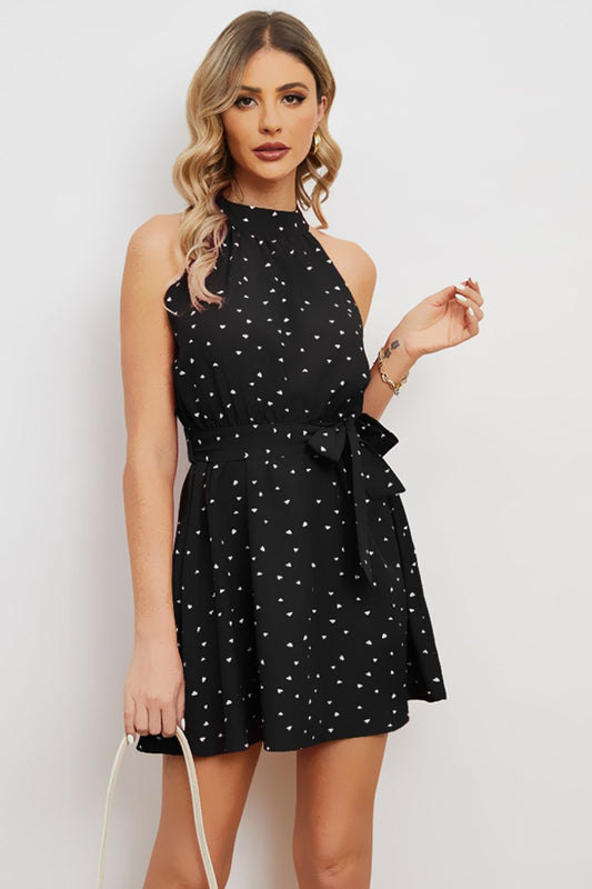 Printed Tie Waist Mini Dress - Dress - Black - Bella Bourget