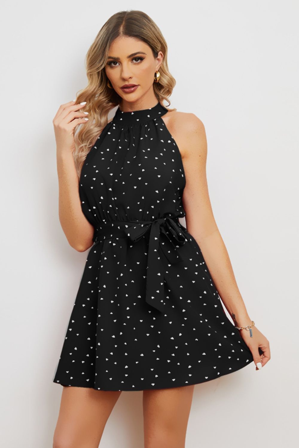 Printed Tie Waist Mini Dress - Dress - Black - Bella Bourget