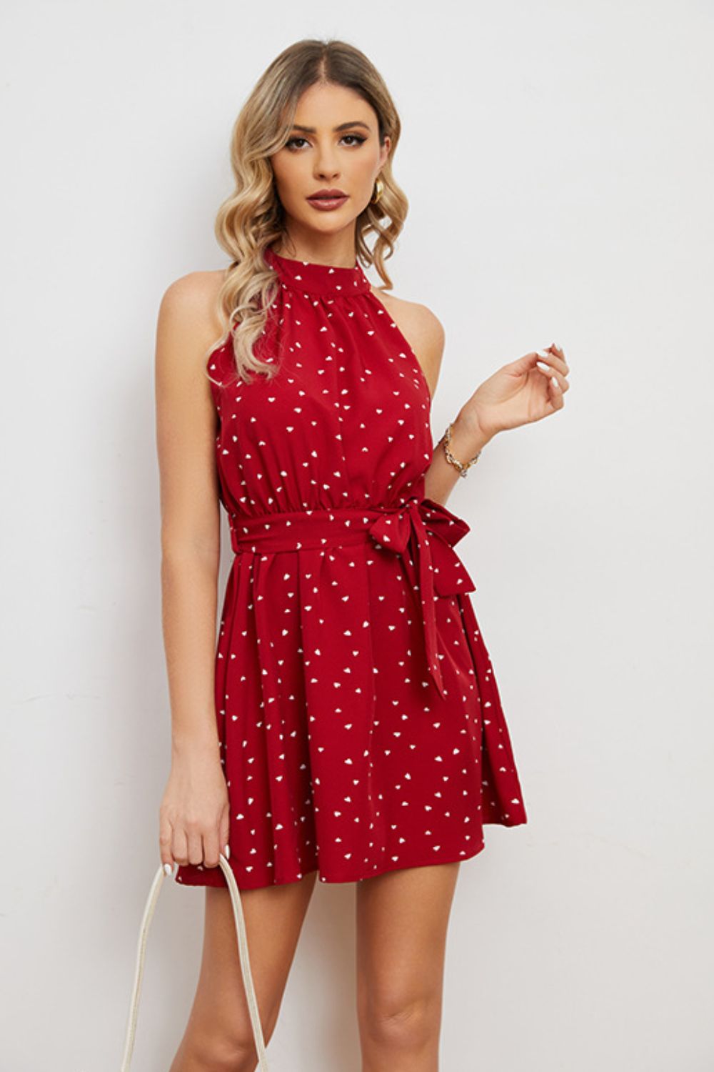 Printed Tie Waist Mini Dress - Dress - Deep Red - Bella Bourget