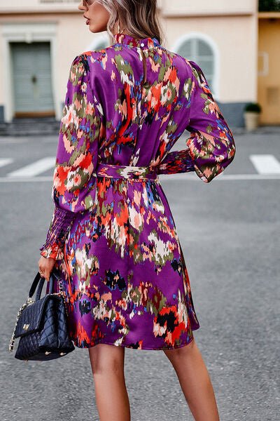 Printed Tie Waist Mock Turtleneck Lantern Sleeve Dress - Dress - Purple - Bella Bourget