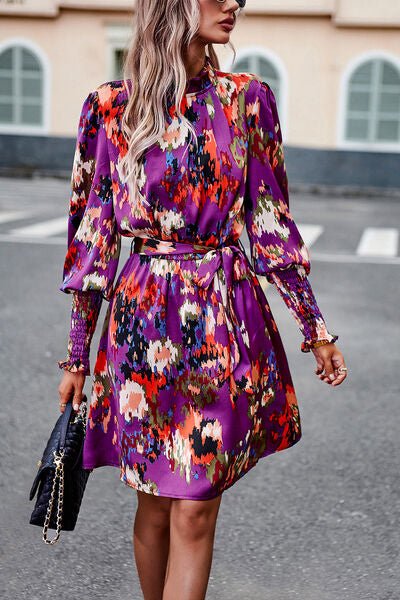 Printed Tie Waist Mock Turtleneck Lantern Sleeve Dress - Dress - Purple - Bella Bourget