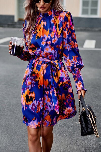 Printed Tie Waist Mock Turtleneck Lantern Sleeve Dress - Dress - Royal Blue - Bella Bourget