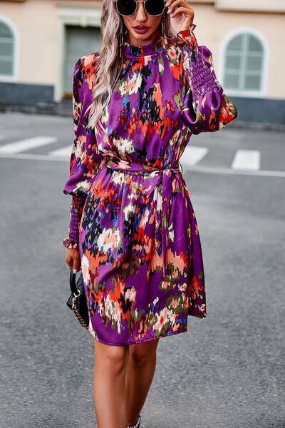 Printed Tie Waist Mock Turtleneck Lantern Sleeve Dress - Dress - Purple - Bella Bourget