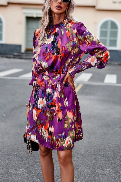 Printed Tie Waist Mock Turtleneck Lantern Sleeve Dress - Dress - Purple - Bella Bourget