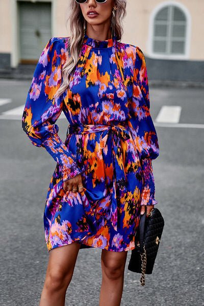 Printed Tie Waist Mock Turtleneck Lantern Sleeve Dress - Dress - Royal Blue - Bella Bourget