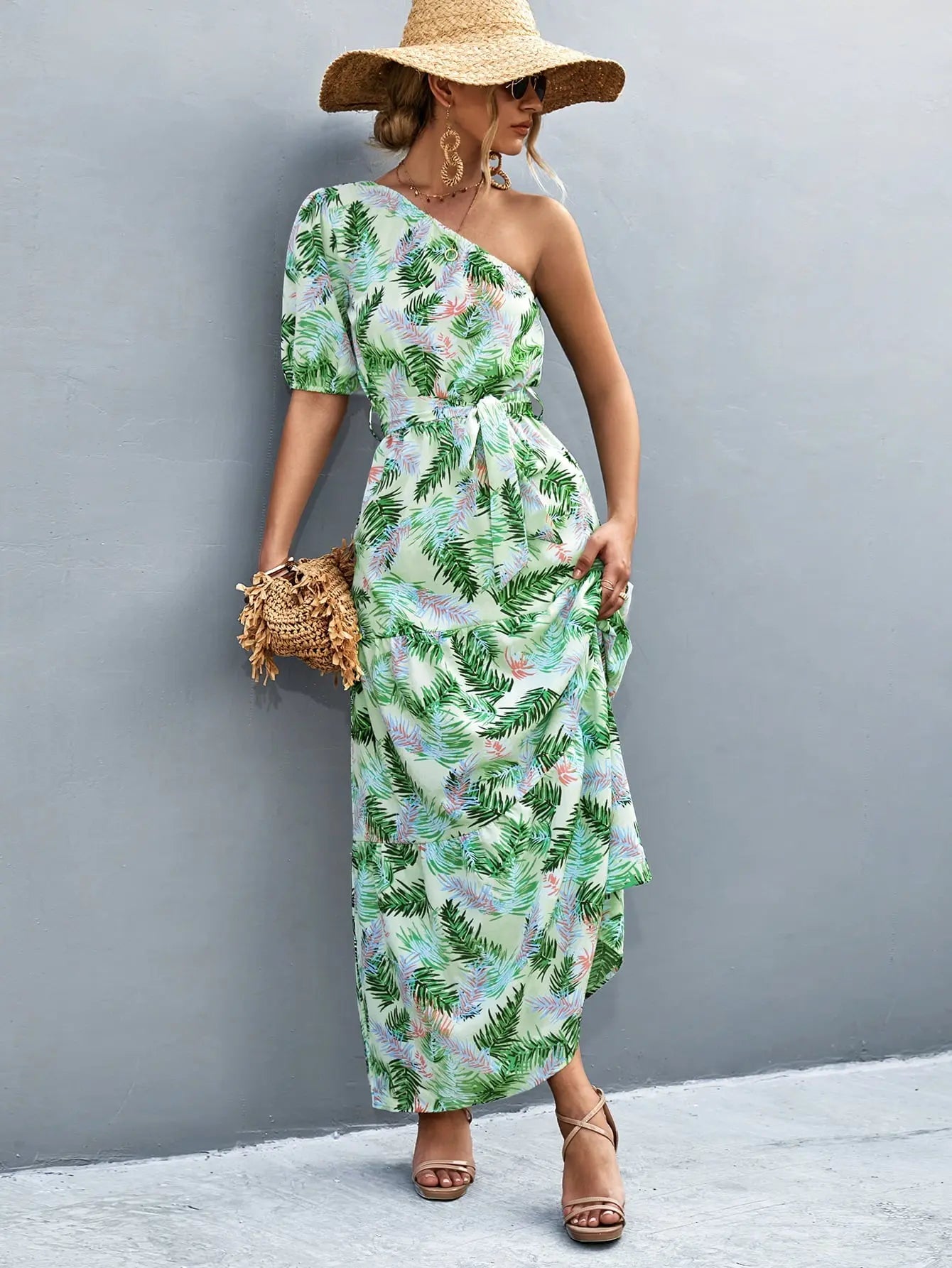 Printed Tie Waist One Shoulder Maxi Dress - Dress - Light Green - Bella Bourget