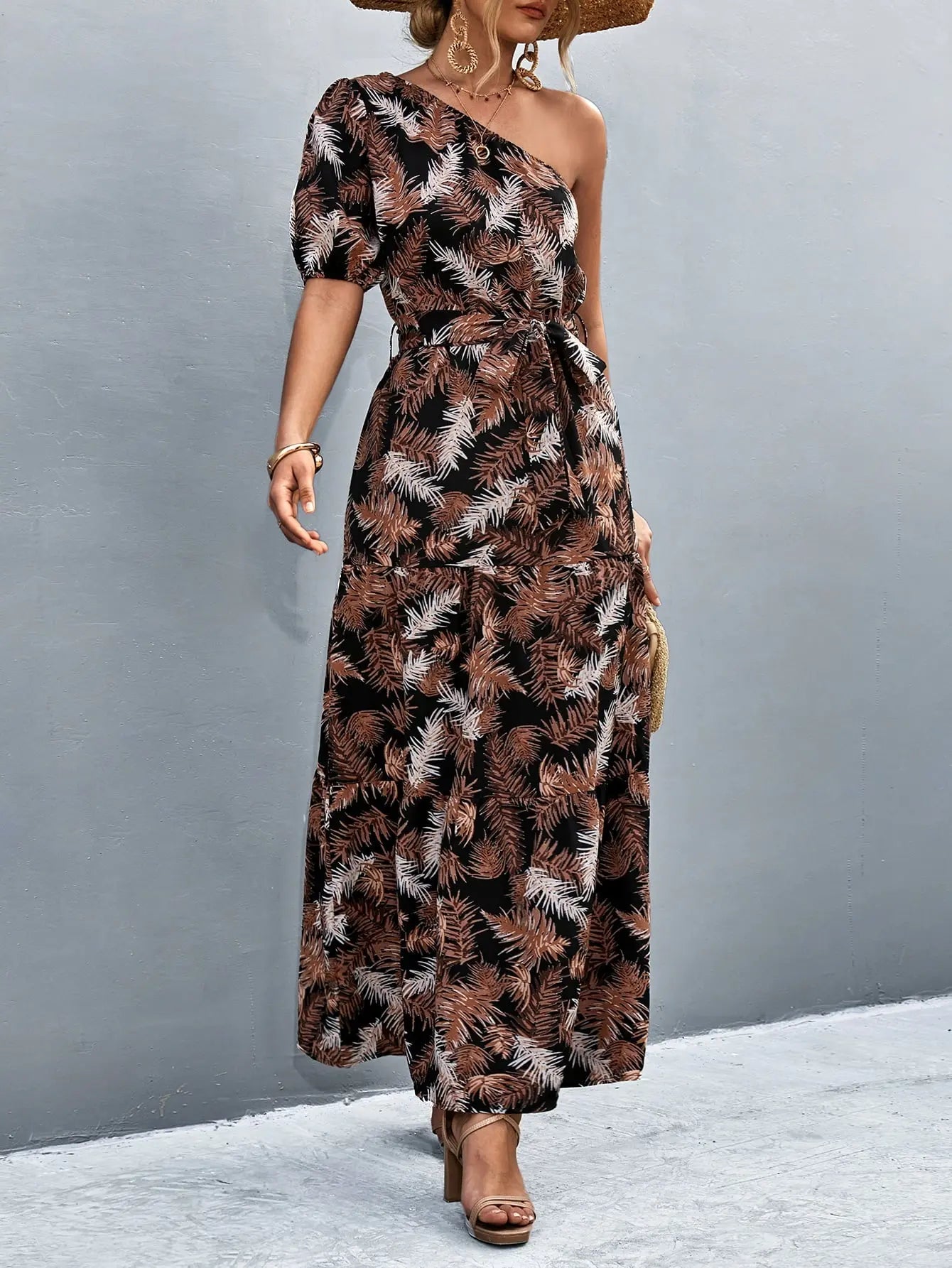 Printed Tie Waist One Shoulder Maxi Dress - Dress - Black - Bella Bourget